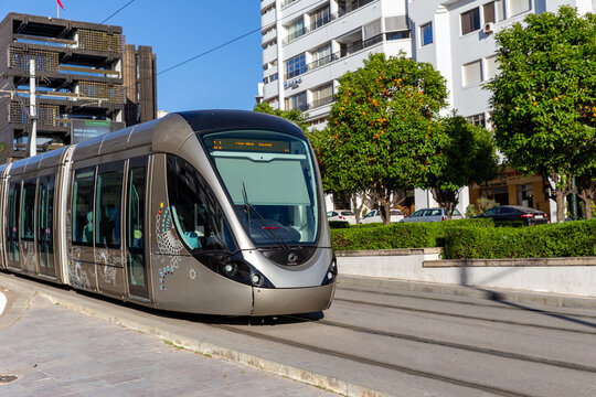 Modern tram in the centre of Rabat. Rabat-Sale tramway system consists of 2 lines. Morocco