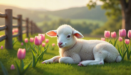Easter lamb lying on green grass near a fence with tulips growing around