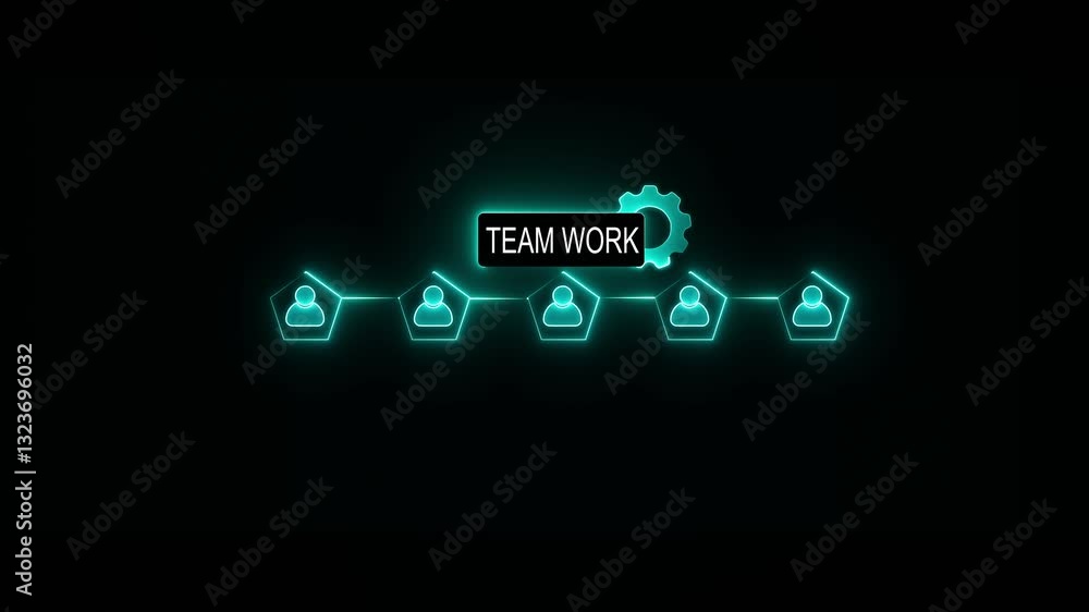 Poster glowing neon line banner of team work concept with icons of branding. devices, internet and target i
