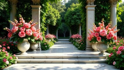 Fototapeta premium Serene Garden Pathway with Ornate Urns Overflowing with Pink Roses and Lush Greenery