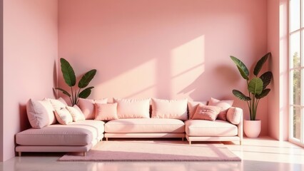 Serene Pink Living Room Interior Design with Sectional Sofa and Lush Greenery