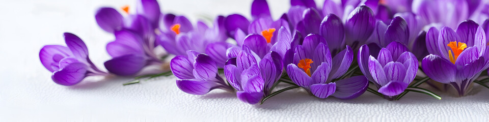 A beautifully detailed 3D rendering of bright purple crocus flowers, showcasing vibrant blooms and lush green leaves in a realistic botanical setting