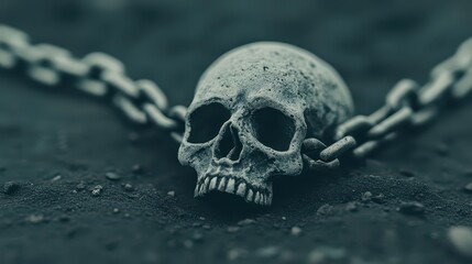 A detailed skull lies against a dark surface, connected to a chain that suggests themes of bondage and death. The dim lighting creates a haunting ambiance, enhancing the visual impact