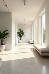 Serene Minimalist Interior Corridor with Sunlight Streaming Through Large Windows and Lush Potted Plants