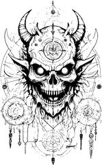 Obraz premium SVG vector features Frankenstein a Gothic horror monster. Sinister Skull Design with Horns and Mystical Symbols