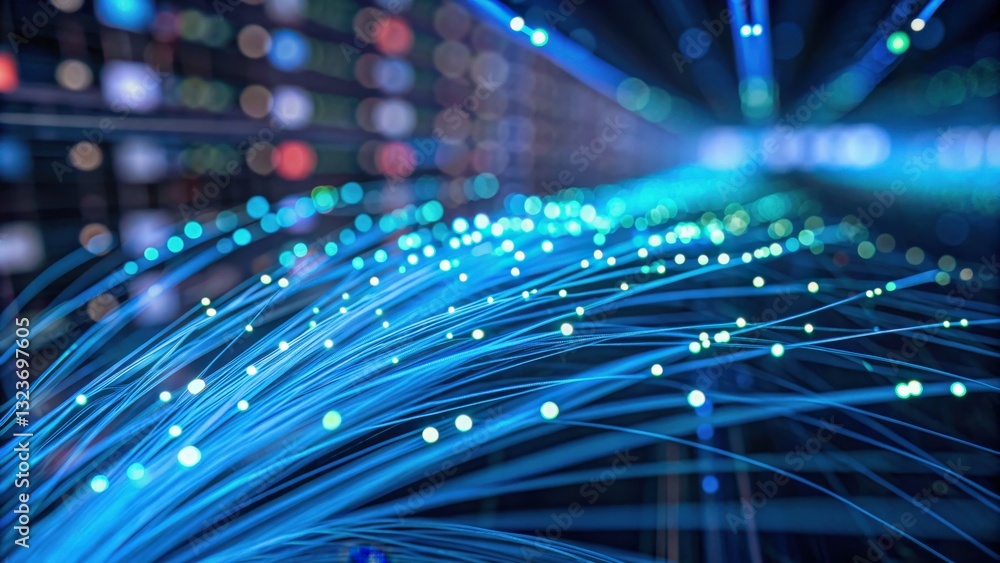 Poster customer experience interaction data concept. abstract image of illuminated fiber optic cables in a 