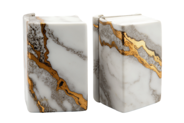 Marble bookends with gold veins isolated on transparent white background