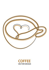 brown colored black and white vector continuous line drawing of cup of coffee with cream heart on the top isolated on white background with copy space for text	