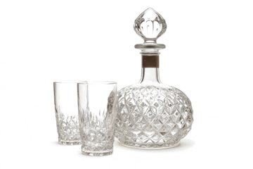 Crystal decanter set with matching glasses isolated on transparent white background