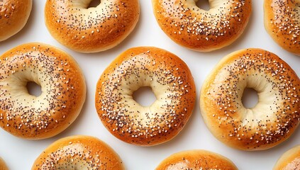 A pile of bagels, some sliced in the middle, arranged on a white background