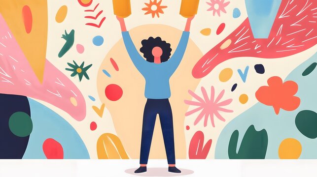 A pop-art painter standing before a massive colorful canvas, raising a golden award in excitement
