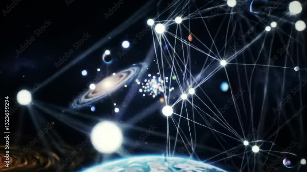 Poster global network connections over earth view from space, digital communication lines linking continent
