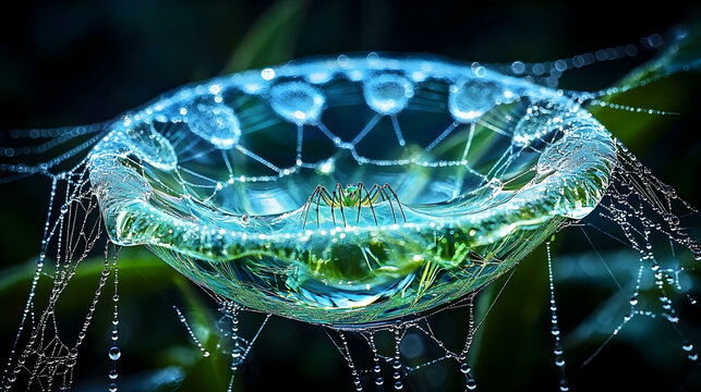 Close-Up of a Dew-Covered Spider Web at Sunrise Illuminated by Soft Morning Light - Powered by Adobe