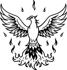 Obraz premium Phoenix rising from flames, mythical firebird symbolizing rebirth and transformation in monochrome design