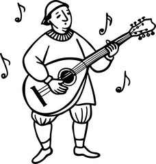 Fototapeta premium musician playing lute medieval minstrel music illustration, wearing traditional clothing, surrounded by notes