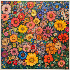 A captivating retro style colorful folk art impressionist drawing of flowers growing in a big flower garden, lots of very colorful wildflowers floral bright cheerful gardening artistic background 