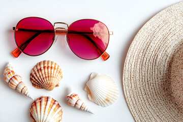 "Bright summer sunglasses and seashells arranged on a sandy background, providing an ideal space for text and perfect for beach-themed content and summer promotions."
