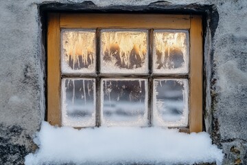 Frosty window view of winter landscape at sunrise. AI image