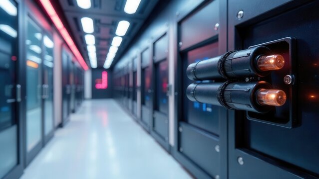 A futuristic corridor with glowing components and sleek server racks reveals advanced technology