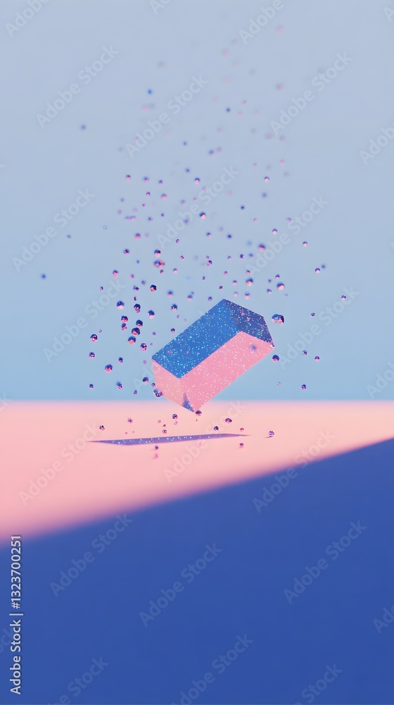 Poster a floating rectangular block surrounded by small floating spheres
