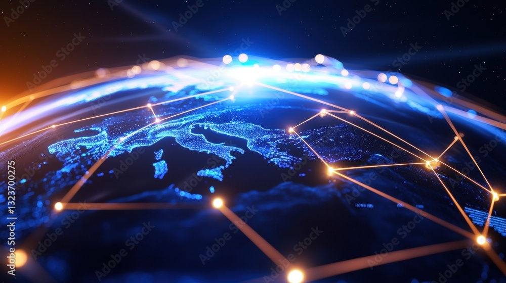 Poster a digital representation of earth showcasing illuminated connections, symbolizing global networking 