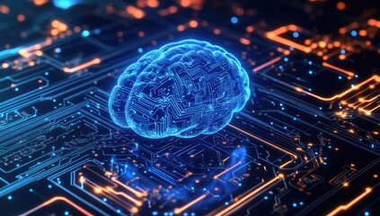 Neon glowing blue hologram brain on a futuristic circuit board representing artificial intelligence technology machine learning and digital data processing concepts