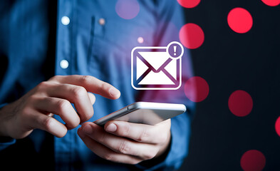 Spam or Phishing Email Alert – Glowing Red Email Notification on Smartphone, spam email alert, phishing email warning, cybersecurity awareness, email scam notification