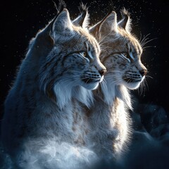 Obraz premium Ethereal lynx with a ghostly double face, emerging from smoke. Spiritual symbolism, mystical nature, fantasy aura, dreamlike vision, cosmic energy. Generative AI.