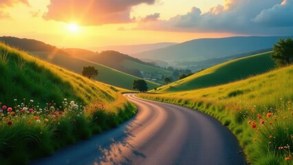 Serene Sunset Vista Winding Country Road Through Lush Green Hills and Wildflowers at Golden Hour