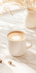 Obraz premium Warm Cappuccino with Latte Art in White Mug on Marble Table with Dried Flowers