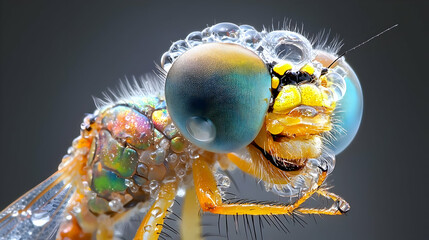 Close-Up of a Dragonfly Eye Showcasing Visible Facets and Reflective Bubbles in Nature