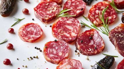 Obraz premium A pristine white surface, adorned with slices of cured meat in vibrant hues of crimson, amber, and black, each boasting a glistening surface and a tantalizing texture.