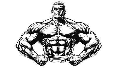 Fototapeta premium Muscular man and fitness enthusiast in bodybuilding poses | linear icons set vector.
