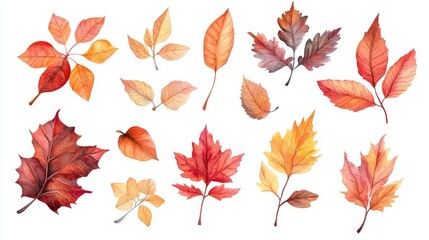 Watercolor Autumn Foliage Collection Red Orange Yellow Hues On White