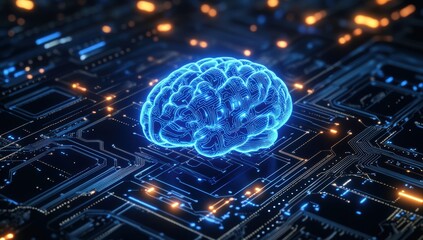 Neon glowing blue hologram brain on a futuristic circuit board representing artificial intelligence technology machine learning and digital data processing concepts