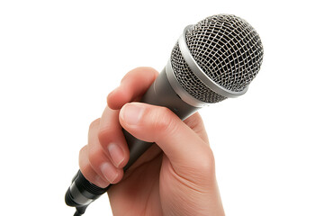 hand holding a microphone isolated on white background as transparent PNG. AI GENERATED
