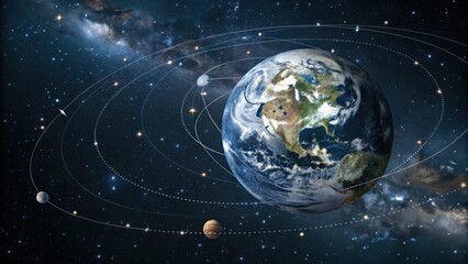 A stunning representation of Earth in space, surrounded by celestial bodies and stars, showcasing the vastness of the universe.