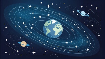 Obraz premium A whimsical illustration of Earth surrounded by planets and stars, depicting the vastness of space and cosmic beauty.