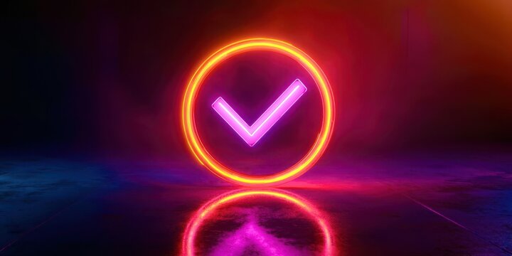 A glowing red and pink check mark is lit up in a dark room