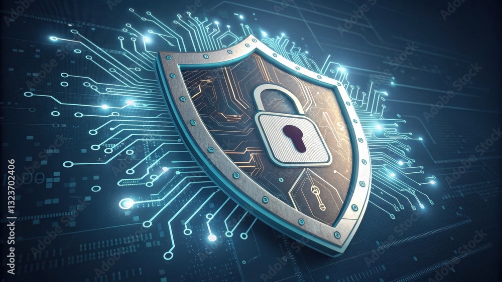Poster a digital shield with a padlock, symbolizing cybersecurity and protection against online threats, su