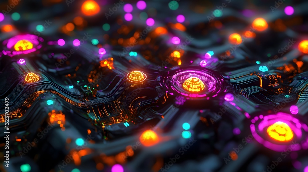 Poster abstract depiction of a circuit board with colorful glowing components