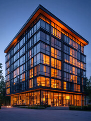 Fototapeta premium Modern building illuminated at dusk in urban setting