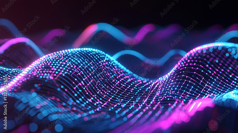 Poster visualizing digital waves abstract motion graphic studio 3d render dark environment close-up view te