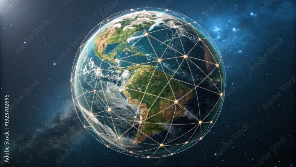 Poster a digital representation of earth with interconnected lines, symbolizing global connectivity and tec