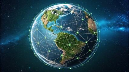 A digital representation of Earth connected by networks, symbolizing global connectivity and technology in a cosmic setting.