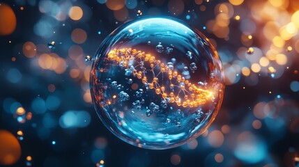 A glossy liquid bubble with visible molecular bonds inside, surrounded by a futuristic DNA background