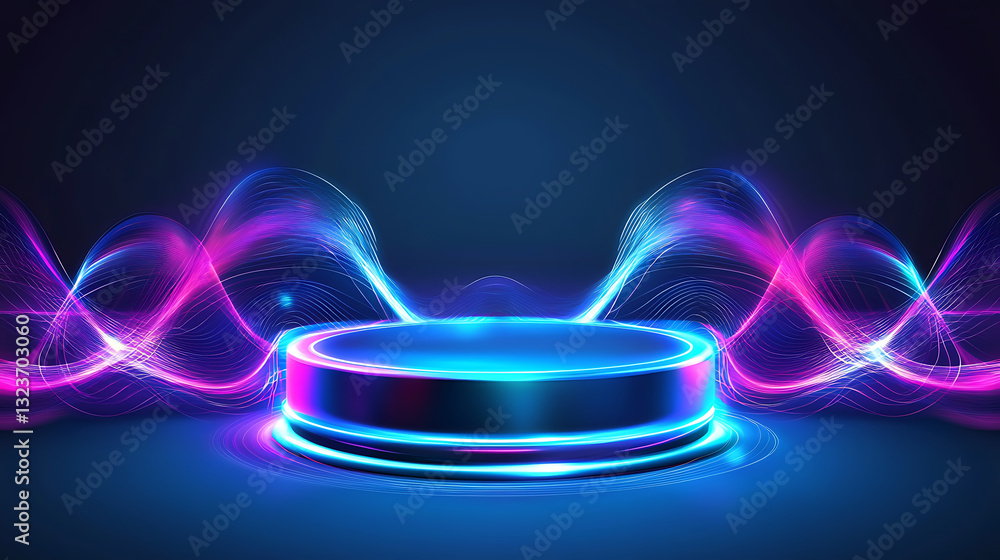 Poster dynamic light waves showcase digital platform graphic design futuristic environment side view visual