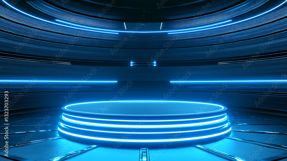 Aufkleber dynamic blue neon stage setup virtual environment 3d render futuristic style high-tech perspective