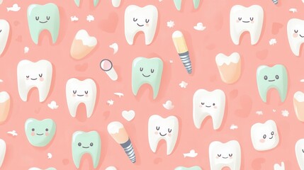 Obraz premium Seamless pattern featuring healthy teeth, dental implants, and cheerful smiles in a modern style with soft pastel colors