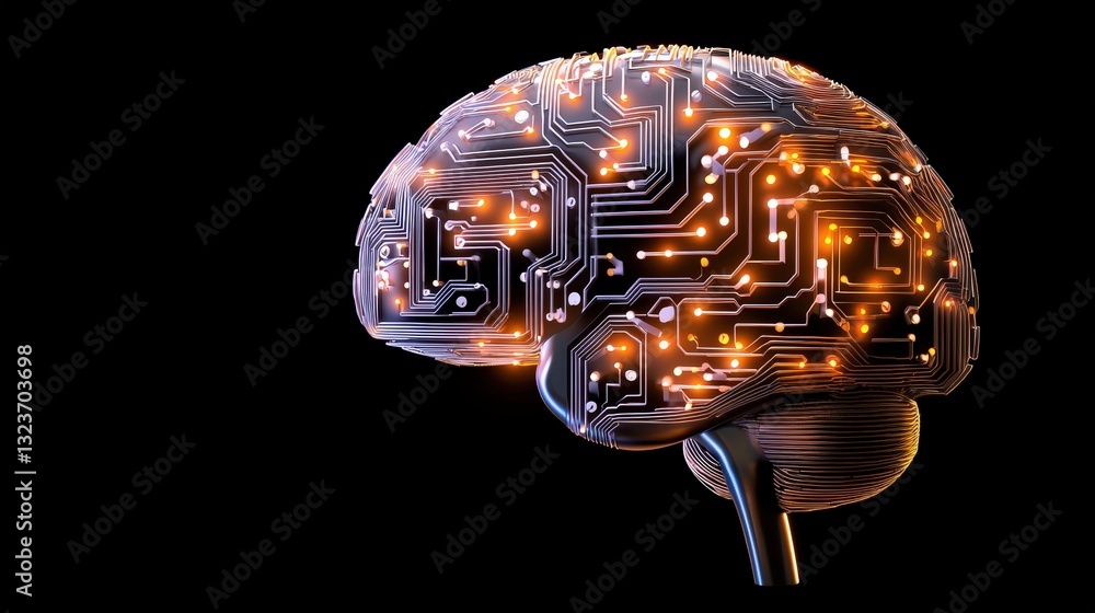 Poster a futuristic depiction of a brain integrated with circuit patterns and glowing elements, symbolizing